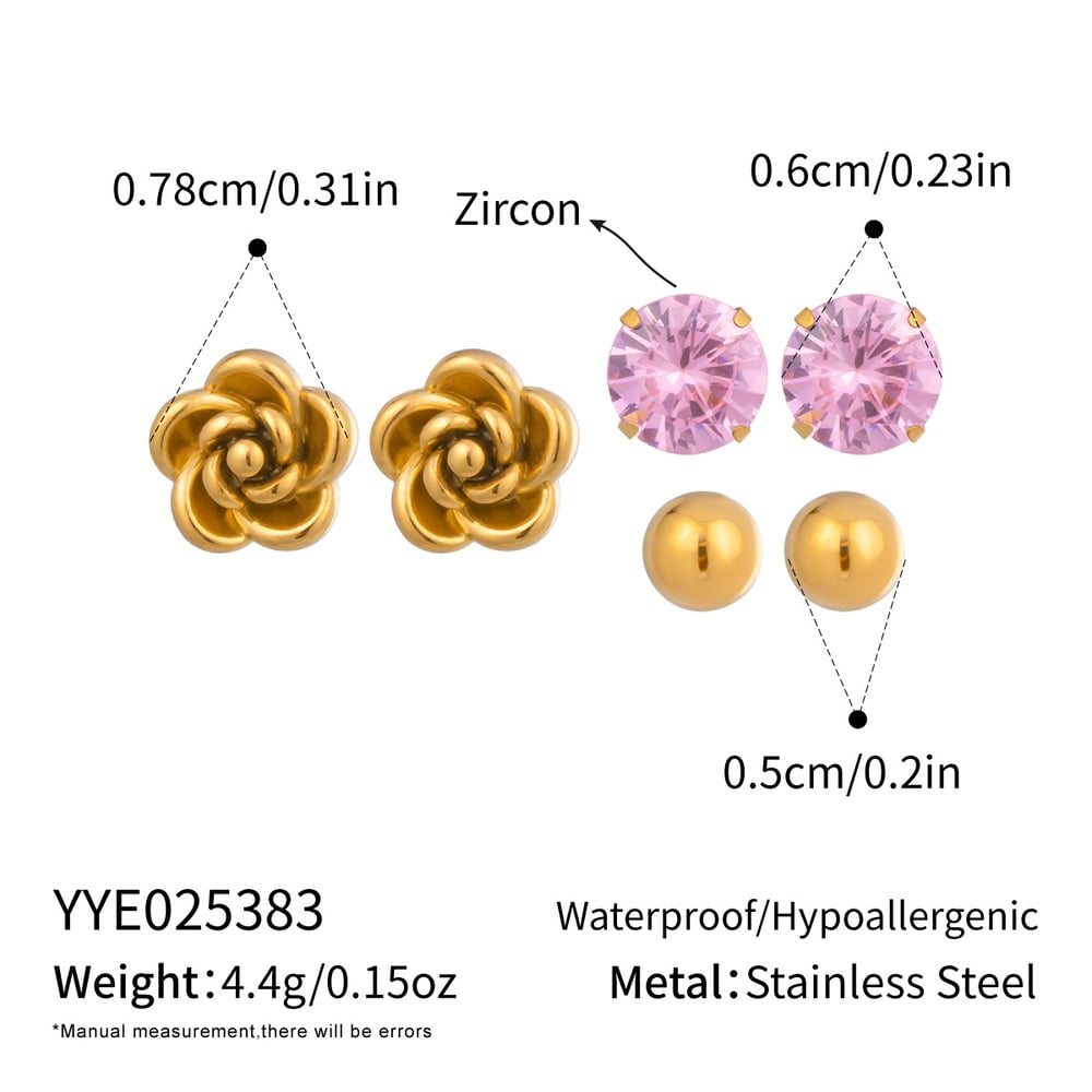 1 Set Sweet Stainless Steel Gold Color Zircon Earring Sets