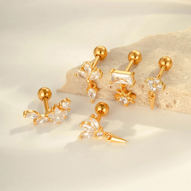 1 Stück geometrische Figur Kupfer Gold Farbe Zirkon Damen Piercing Ohrringe Bild5