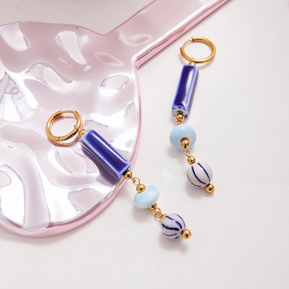1 Pair Handcrafted Blue Ceramic Stainless Steel Gold Color Women's Drop Earrings Picture4