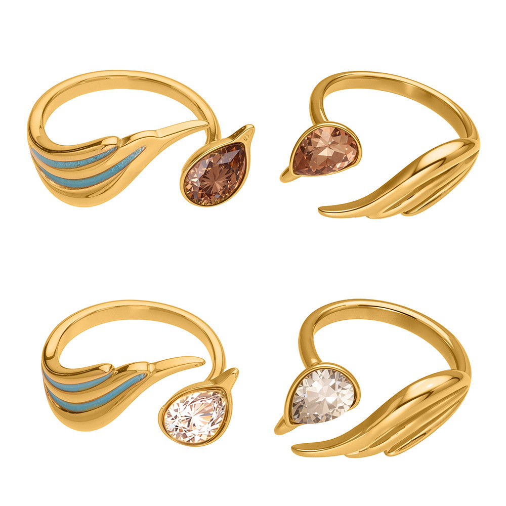 1 Piece Elegant Wings Stainless Steel Gold Color Zircon Women's Gemstone Rings Picture5