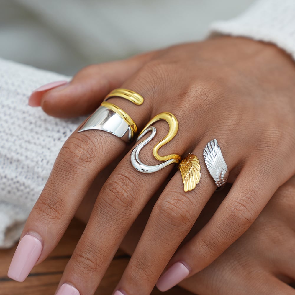 1 Piece Retro Mixed Gold Color And Silver Colors Wings Stainless Steel  Women's Statement Rings h5Picture6
