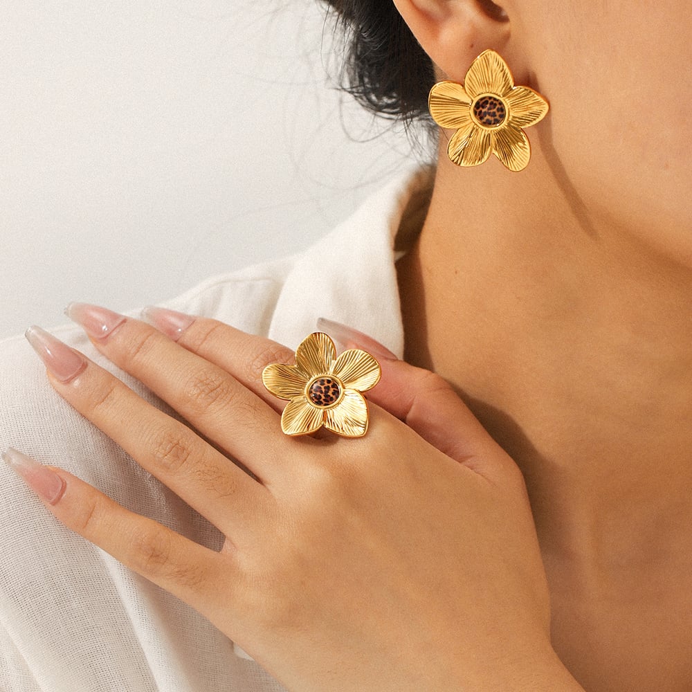 1 Pair Retro Flower Stainless Steel Leopard Gold Color Earring Set h5Picture4
