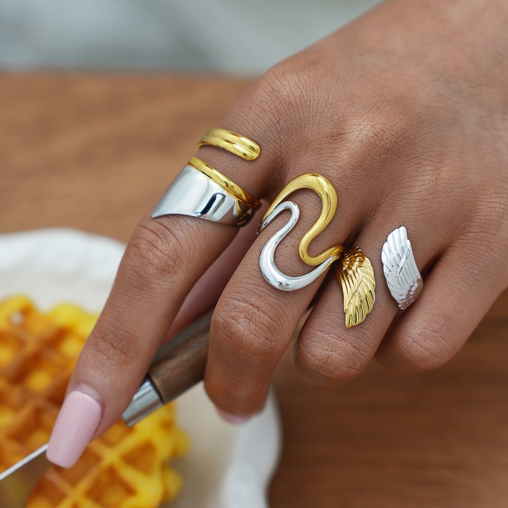 1 Piece Retro Mixed Gold Color And Silver Colors Wings Stainless Steel  Women's Statement Rings h5Picture8