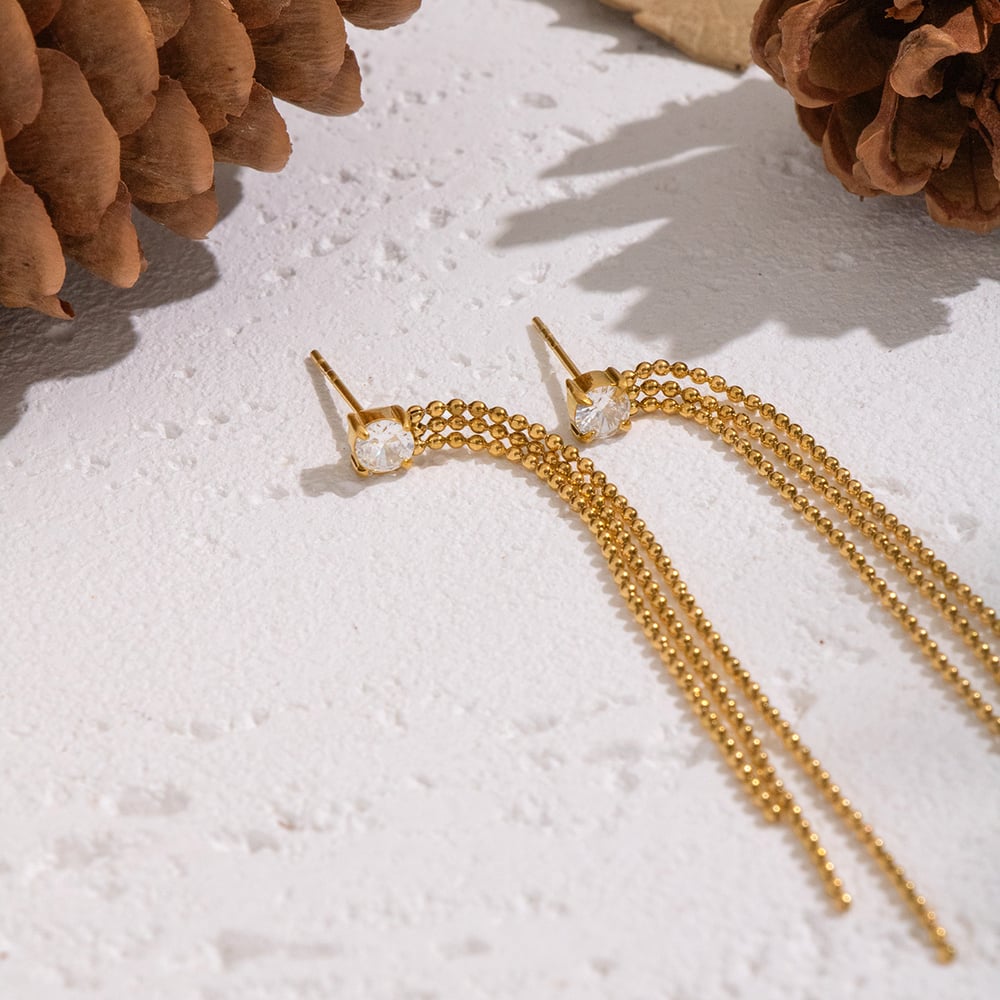 1 Paar Quaste Edelstahl Gold Farbe Zirkon Baumeln Ohrringe Bild4