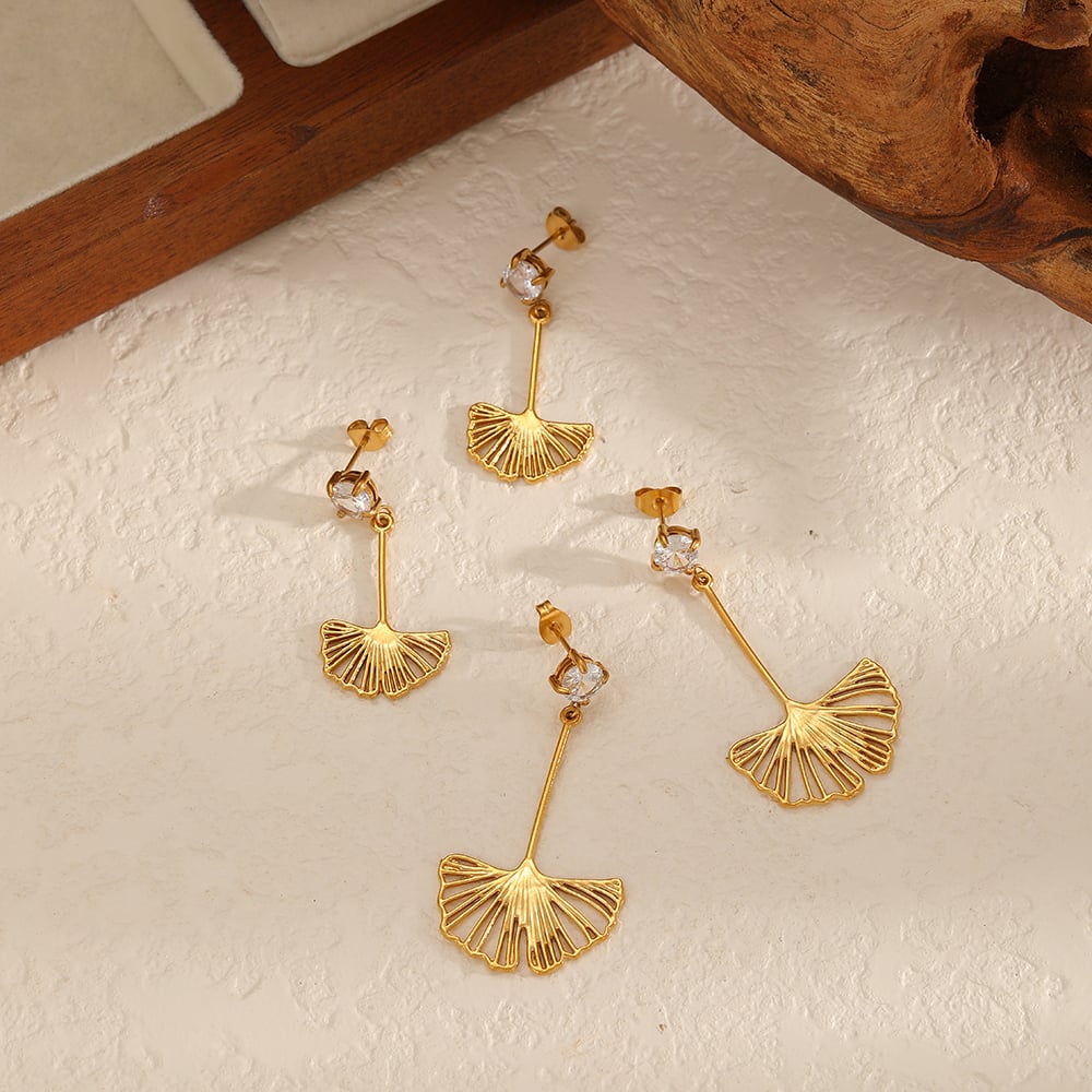 1 paio di orecchini pendenti in acciaio inossidabile color oro con foglia retrò Immagine2