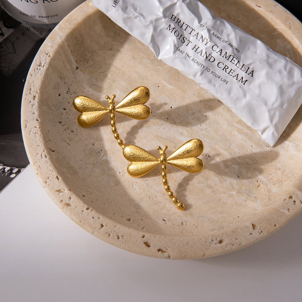 1 paio di splendidi orecchini a bottone da donna in acciaio inossidabile color oro a forma di libellula h5Immagine8