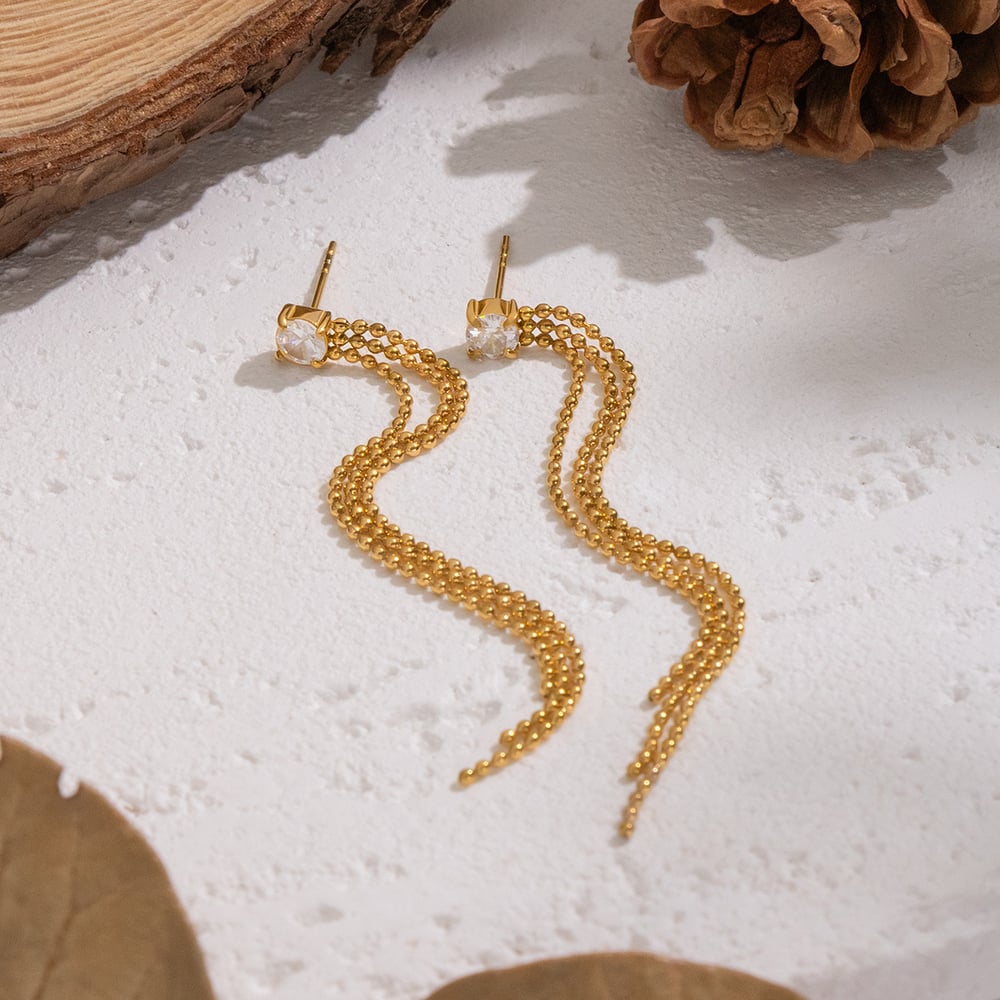 1 Paar Quaste Edelstahl Gold Farbe Zirkon Baumeln Ohrringe Bild3