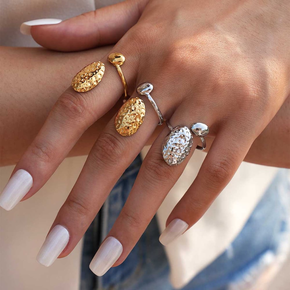 1 Piece Daily Hammer Pattern Stainless Steel Gold Color Statement Rings h5Picture5