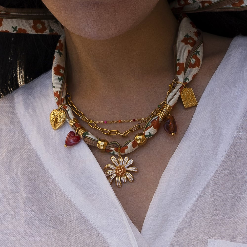 1 Parça Çiçek Paslanmaz Çelik Altın Rengi Kumaş Kolye h5Resim3