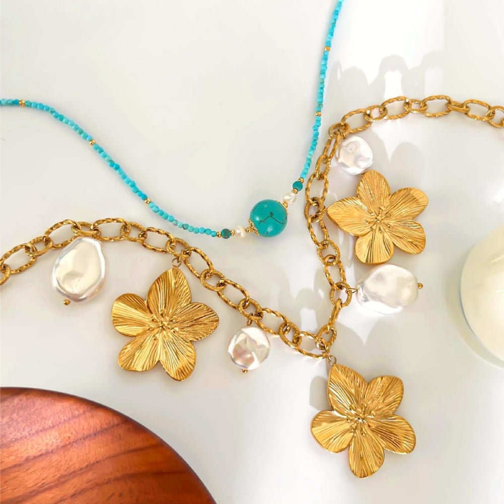 1 Piece Flower Stainless Steel Natural Stone Pendant Necklace Picture4