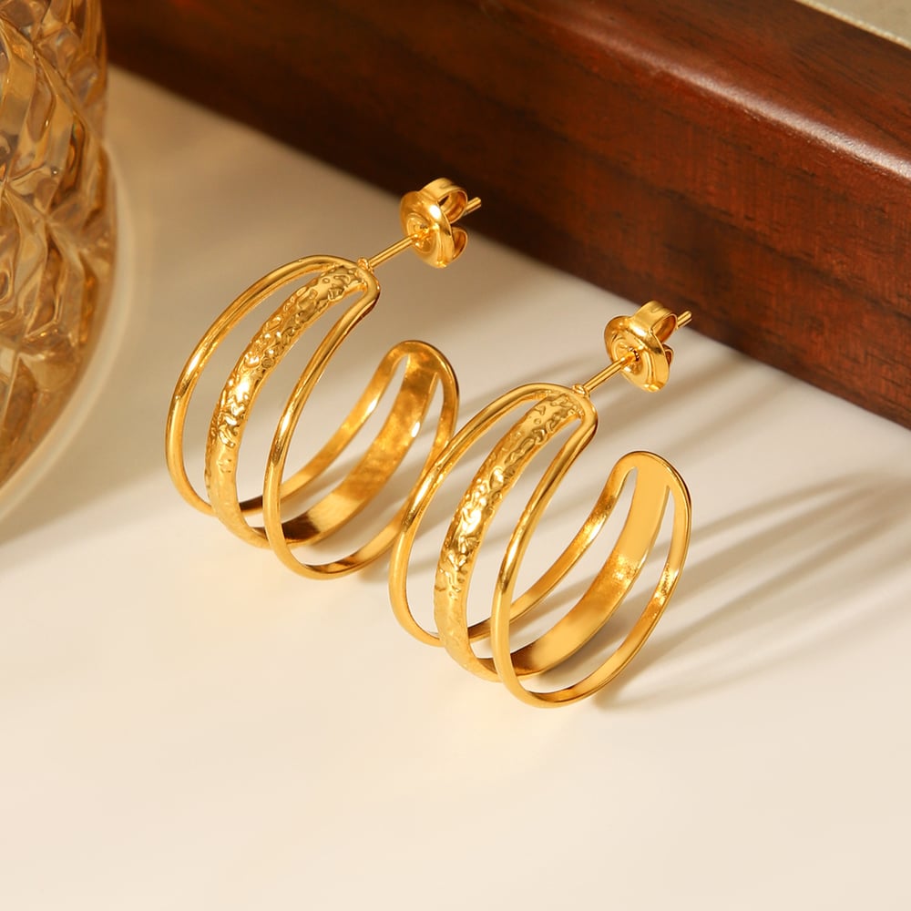 1 Pair C-shape Hollowed-out Stainless Steel Gold Color Hoop Earrings h5Picture4