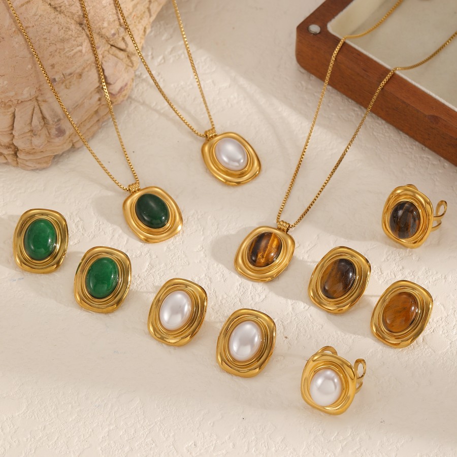 Retro Rectangle Stainless Steel Gold Color Natural Stone Necklace Set Picture2