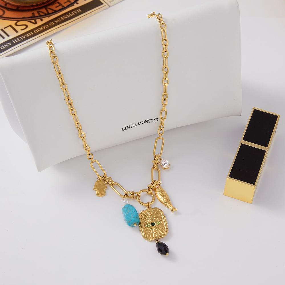 1 Piece Gorgeous Devil's Eye Stainless Steel Gold Color Natural Stone Women's Pendant Necklaces h5Picture5