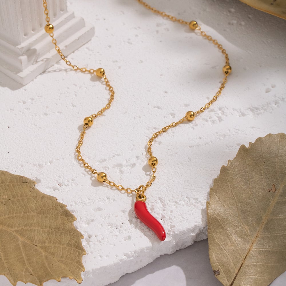 Emaille Chili Edelstahl Goldfarben Halsketten-Set h5Bild4