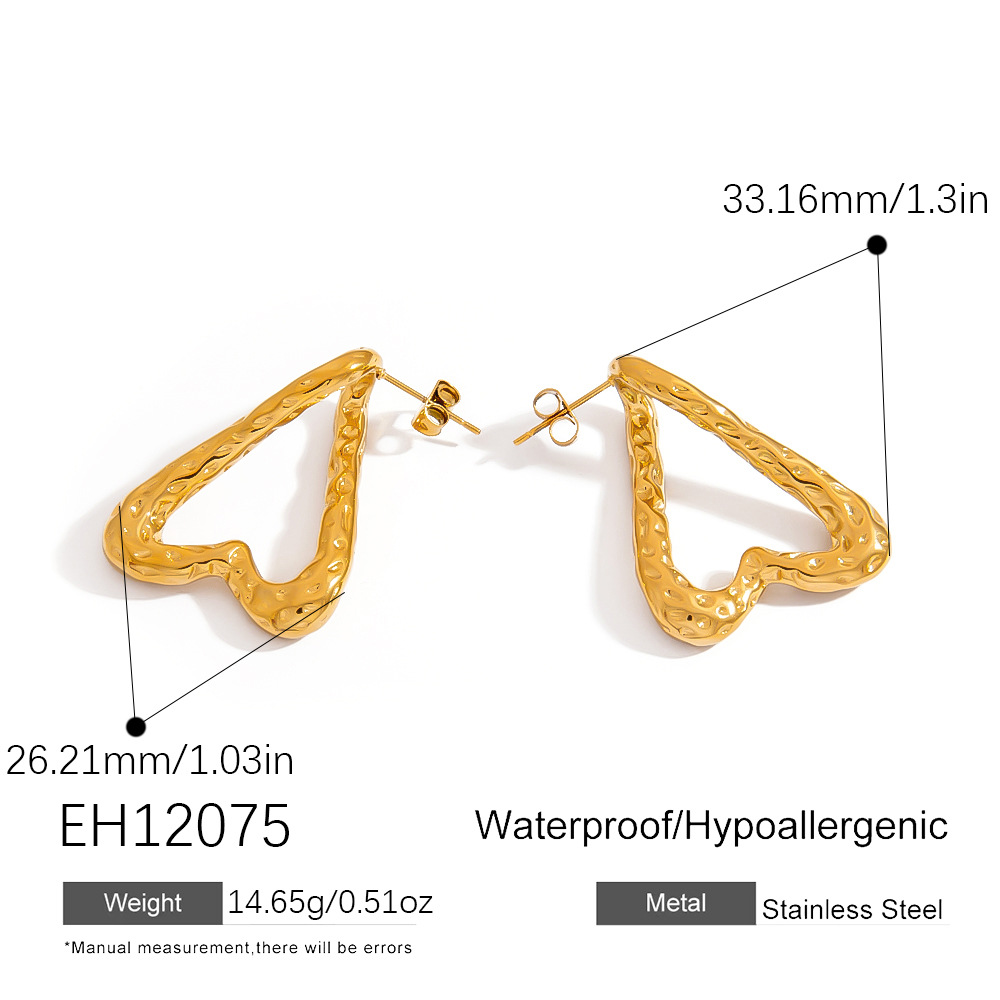 1 Pair Retro Heart Hammer Pattern Stainless Steel  Gold Color  Stud Earrings