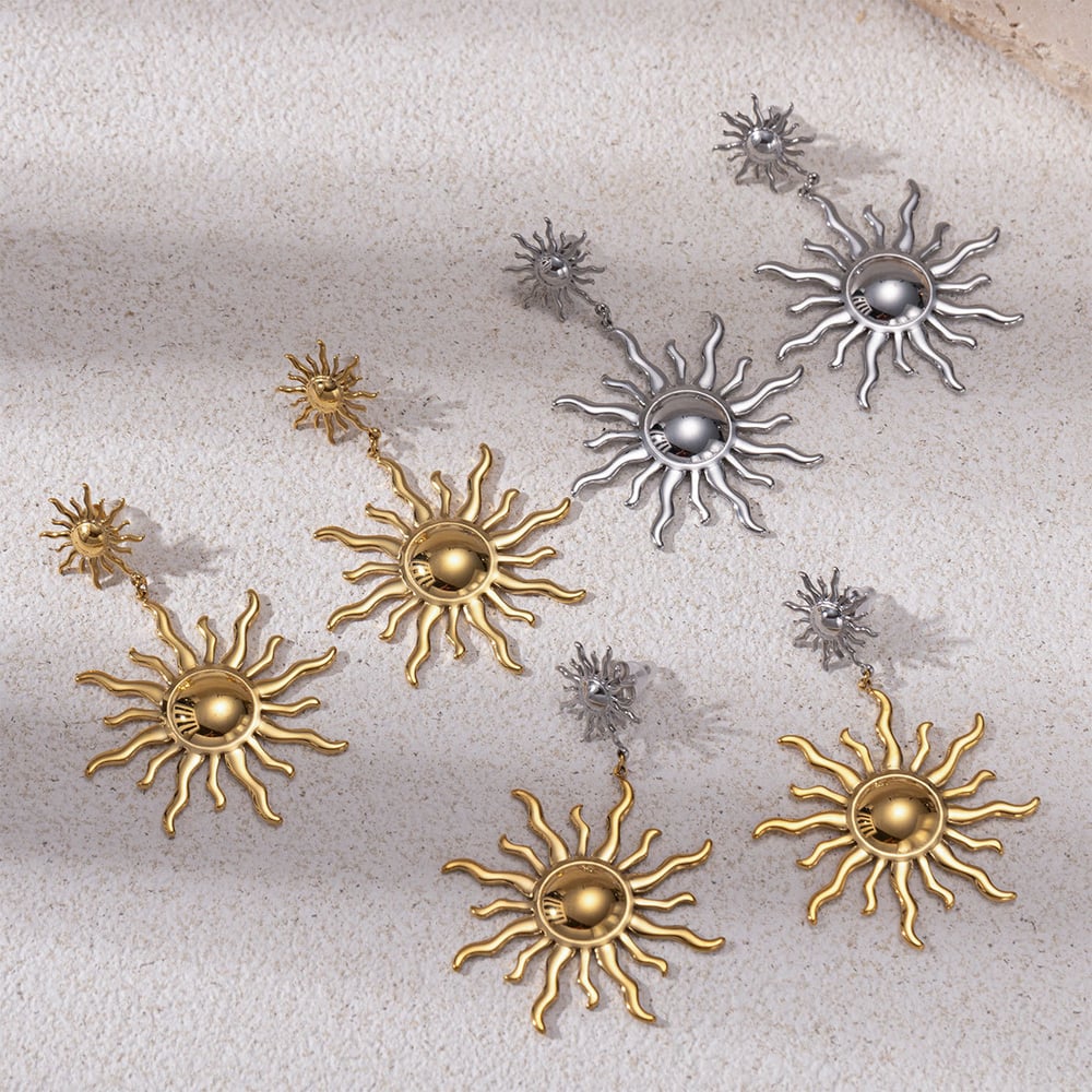 1 Pair Retro Sun Stainless Steel Gold Color Drop Earrings h5Picture2