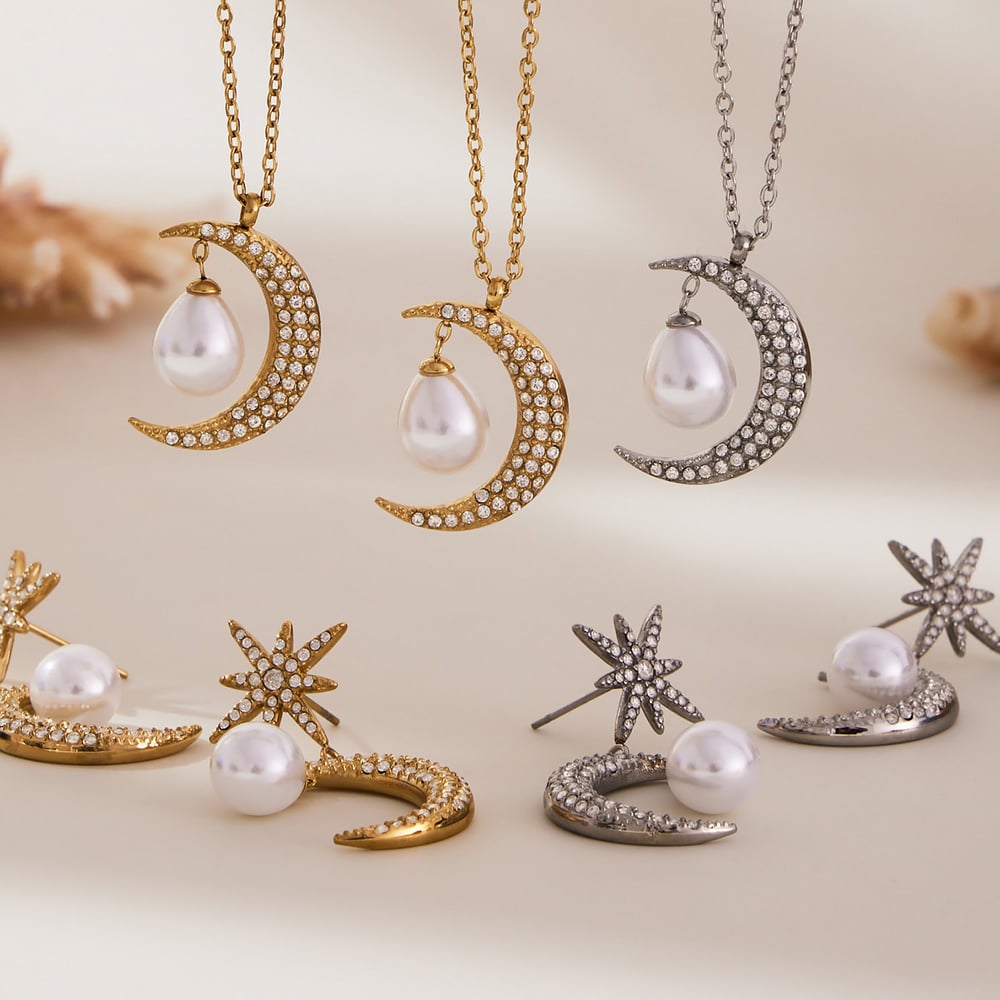 Classic Star&Moon Stainless Steel Gold Color Zircon Women's Jewelry Sets Picture4