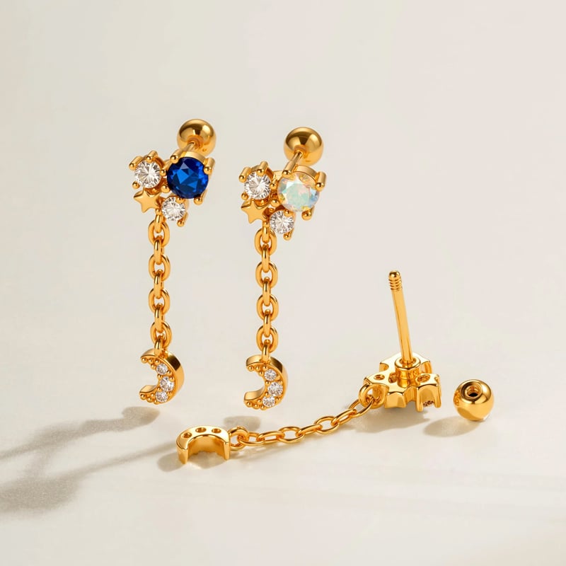 1 Piece Tassel Moon Copper Gold Color Zircon Piercing Earring Picture3