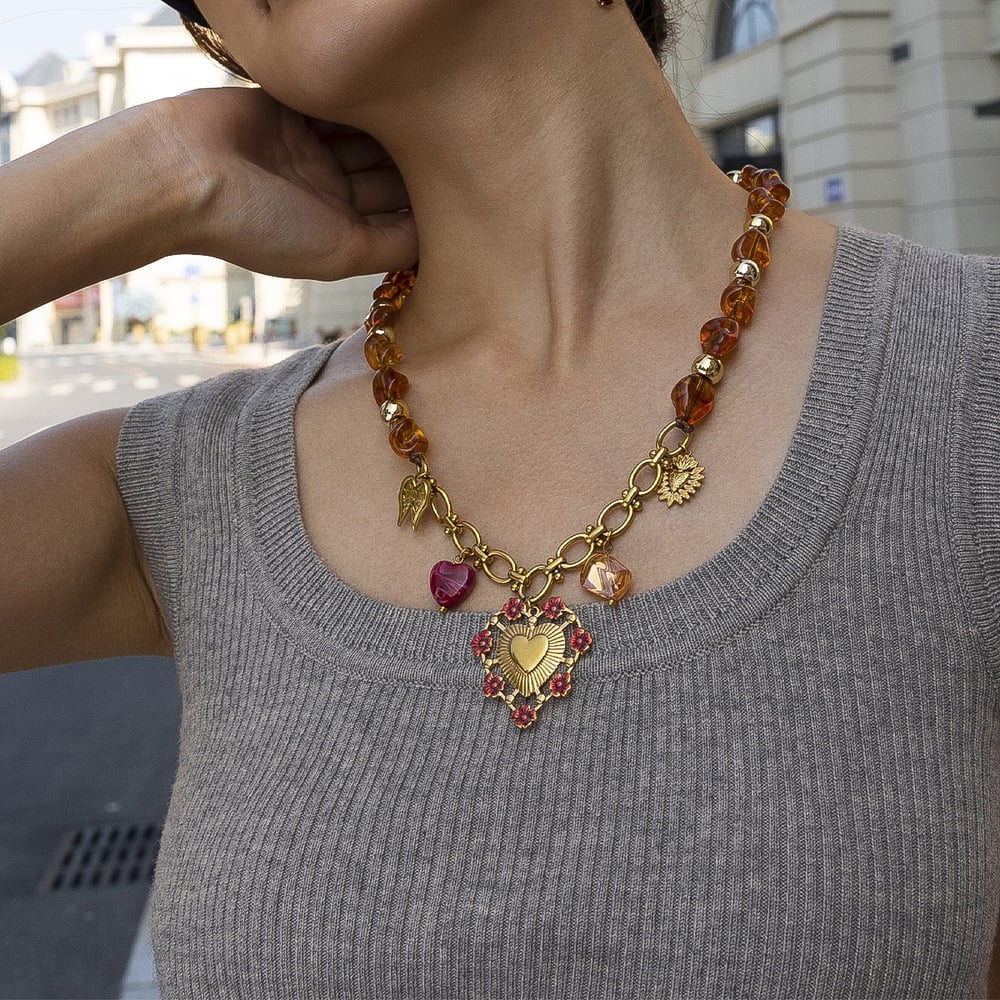 Retro Beads Acrylic Heart Pendant Necklace Set h5Picture4