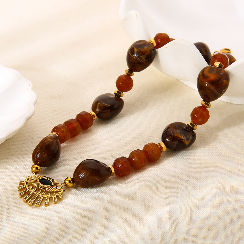 1 Piece Retro Devil's Eye Beads Stainless Steel Gold Color Women's Beaded Necklaces h5Picture2