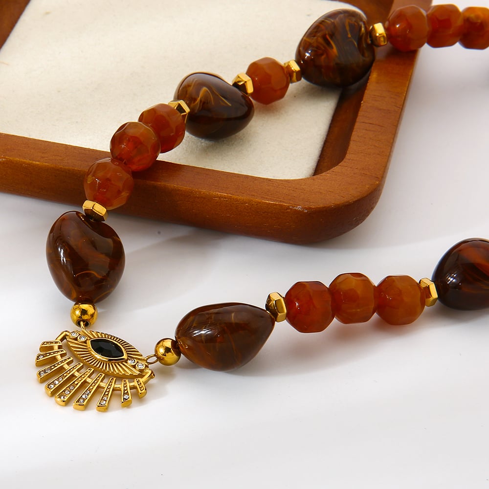 1 Piece Retro Devil's Eye Beads Stainless Steel Gold Color Women's Beaded Necklaces h5Picture6
