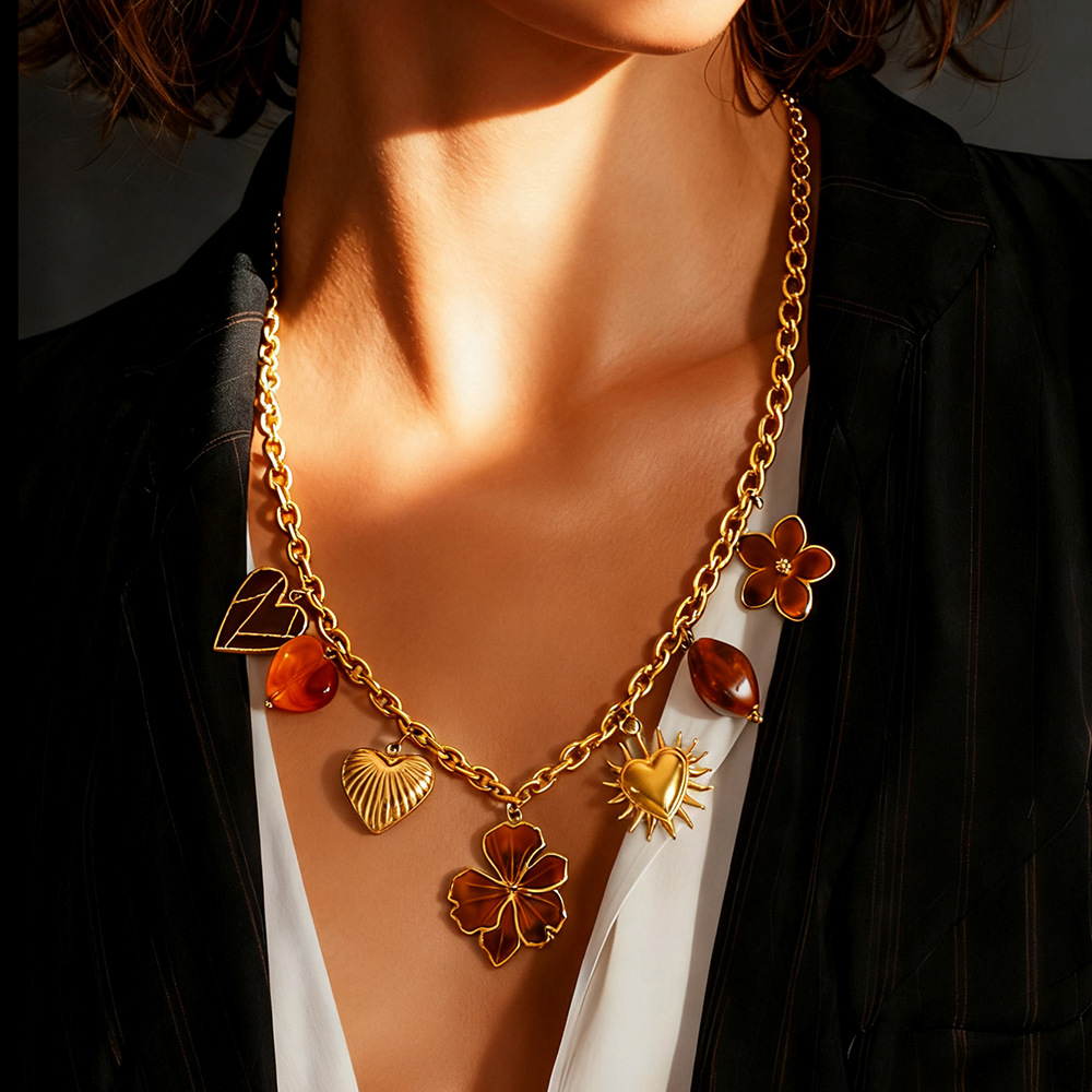 1 Stück Blume Herz Sonne Edelstahl Damen Anhänger Halsketten Bild4