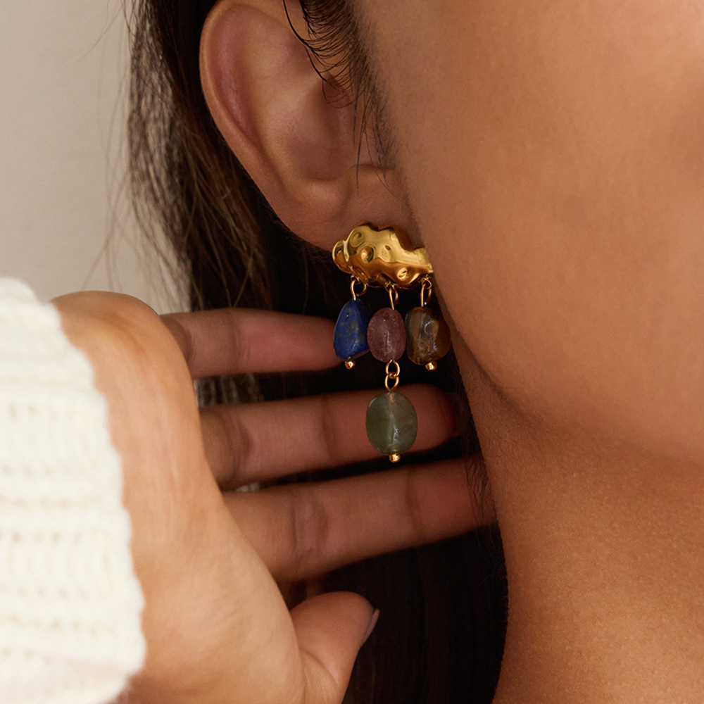 1 Pair Classic Natural Stone Cloud Droplet Stainless Steel Gold Color Women's Drop Earrings h5Picture3