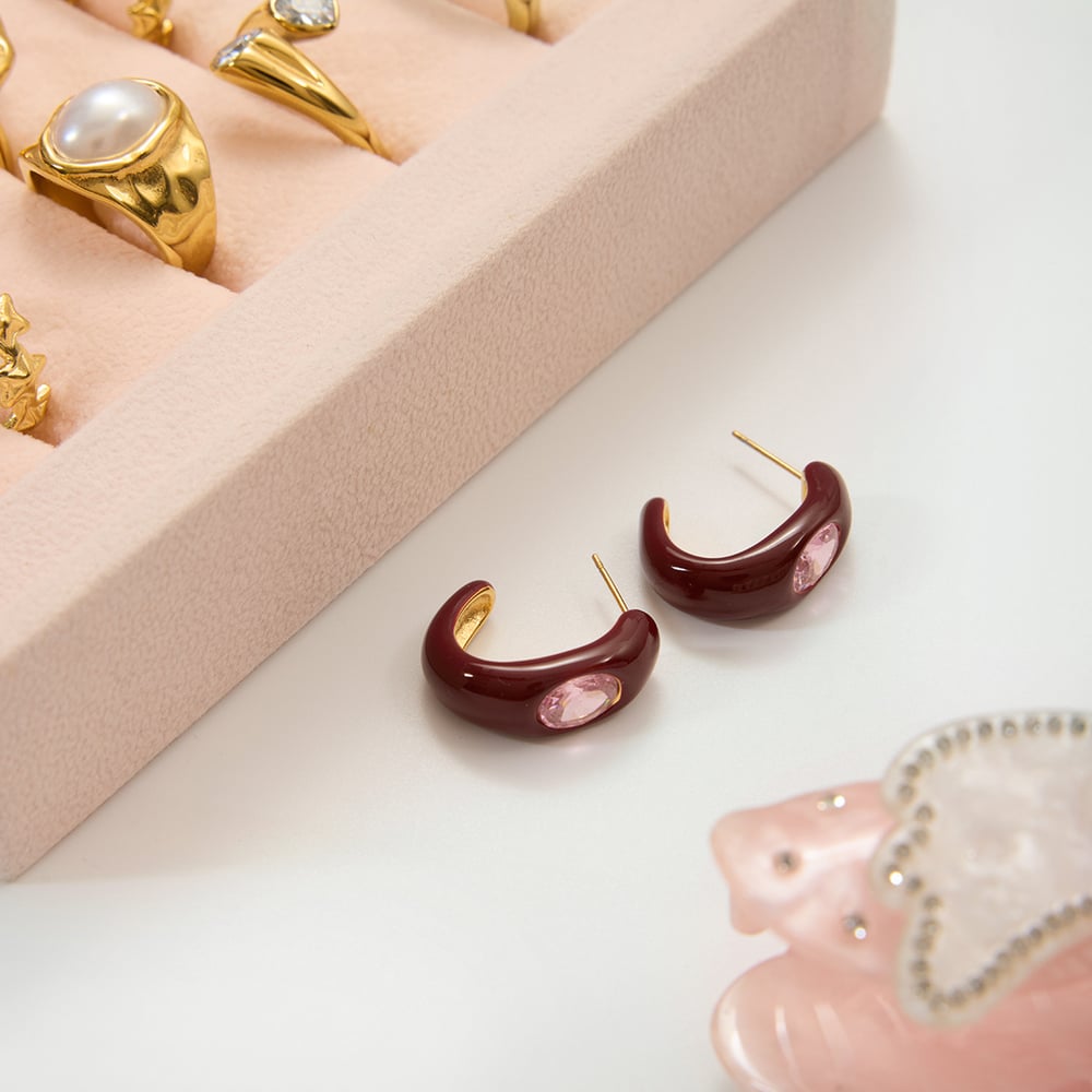 1 Pair Vintage Red Stainless Steel Gold Color Zircon Women's Hoop Earrings h5Picture5