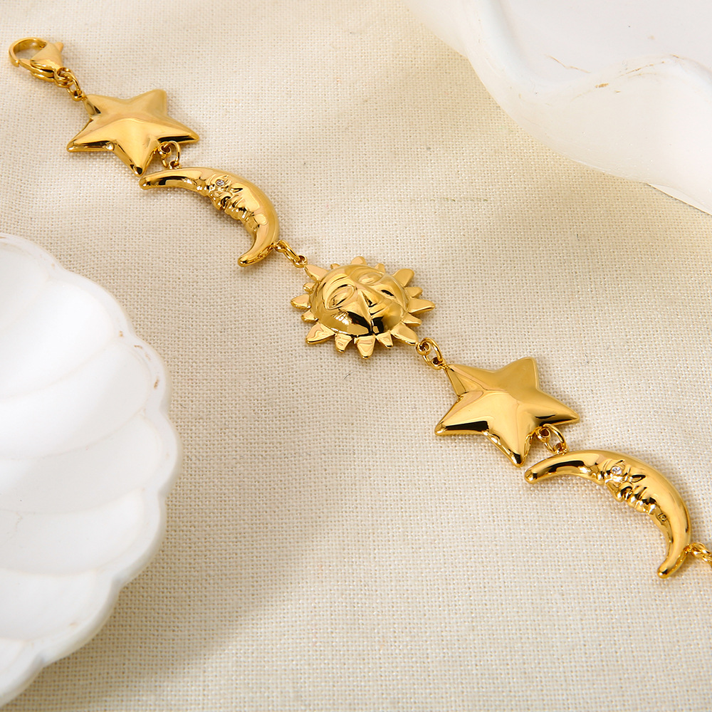 1 Piece Classic  Sun Moon Stainless Steel   Gold Color  Women's Chain Bracelets h5Picture2