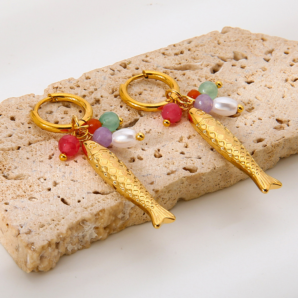 1 Paar Retro Fisch Edelstahl Gold Farbe Künstliche Perle Damen Tropfen Ohrringe h5Bild2