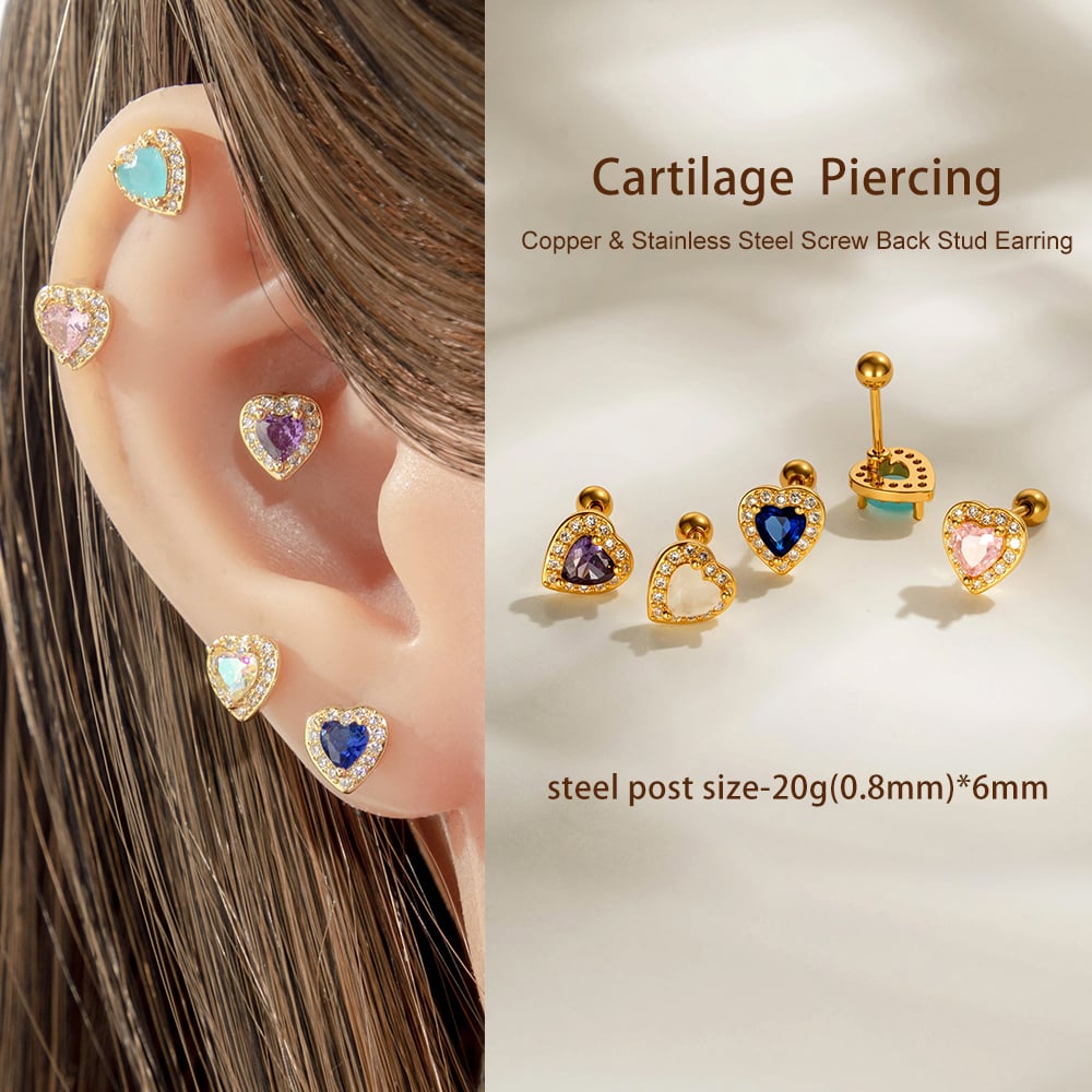 1 Piece Heart Copper Gold Color Zircon Piercing Earring Picture4