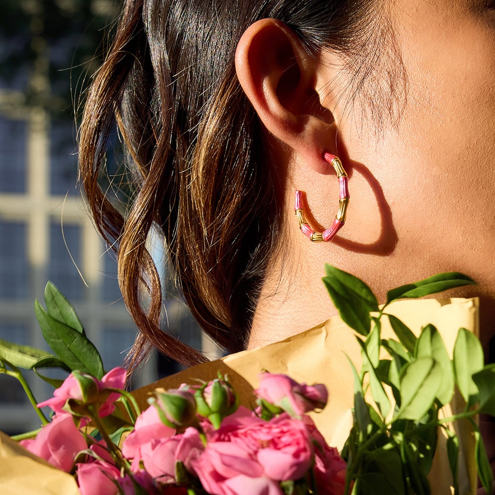 1 Pair Bamboo Joint Pink Stainless Steel Gold Color Women's Hoop Earrings h5Picture3