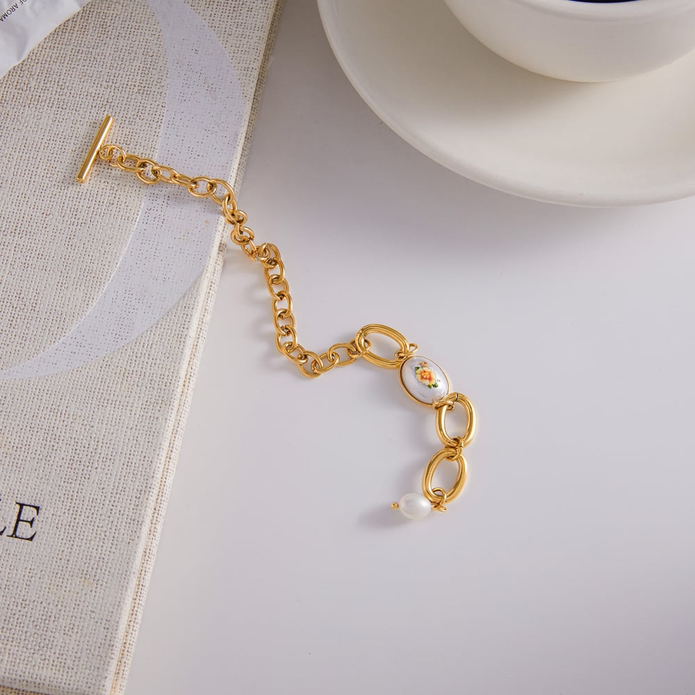 1 Piece Retro Flower Stainless Steel Gold Color Women's Chain Bracelets h5Picture6