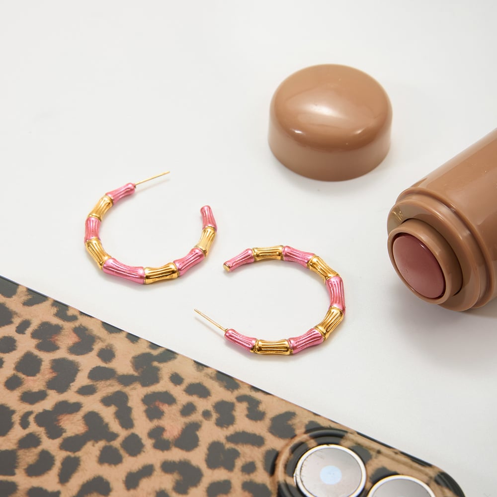 1 Pair Bamboo Joint Pink Stainless Steel Gold Color Women's Hoop Earrings h5Picture5
