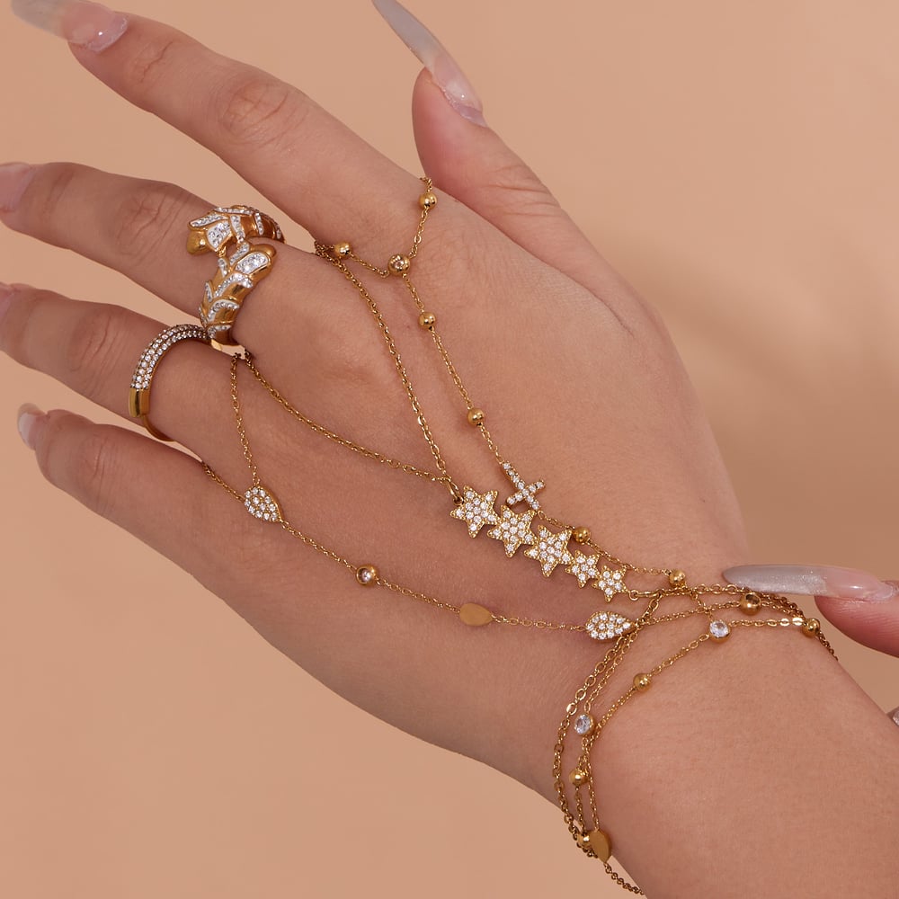 1 Stück klassisches Stern-Edelstahl-Goldfarben-Zirkon-Damenkettenarmband Bild3