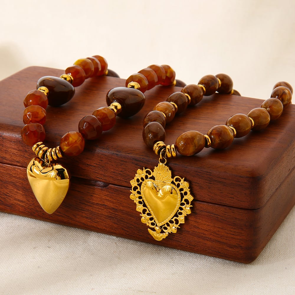 1 Piece Retro Heart Beads Acrylic Gold Color Women's Pendant Necklaces h5Picture6