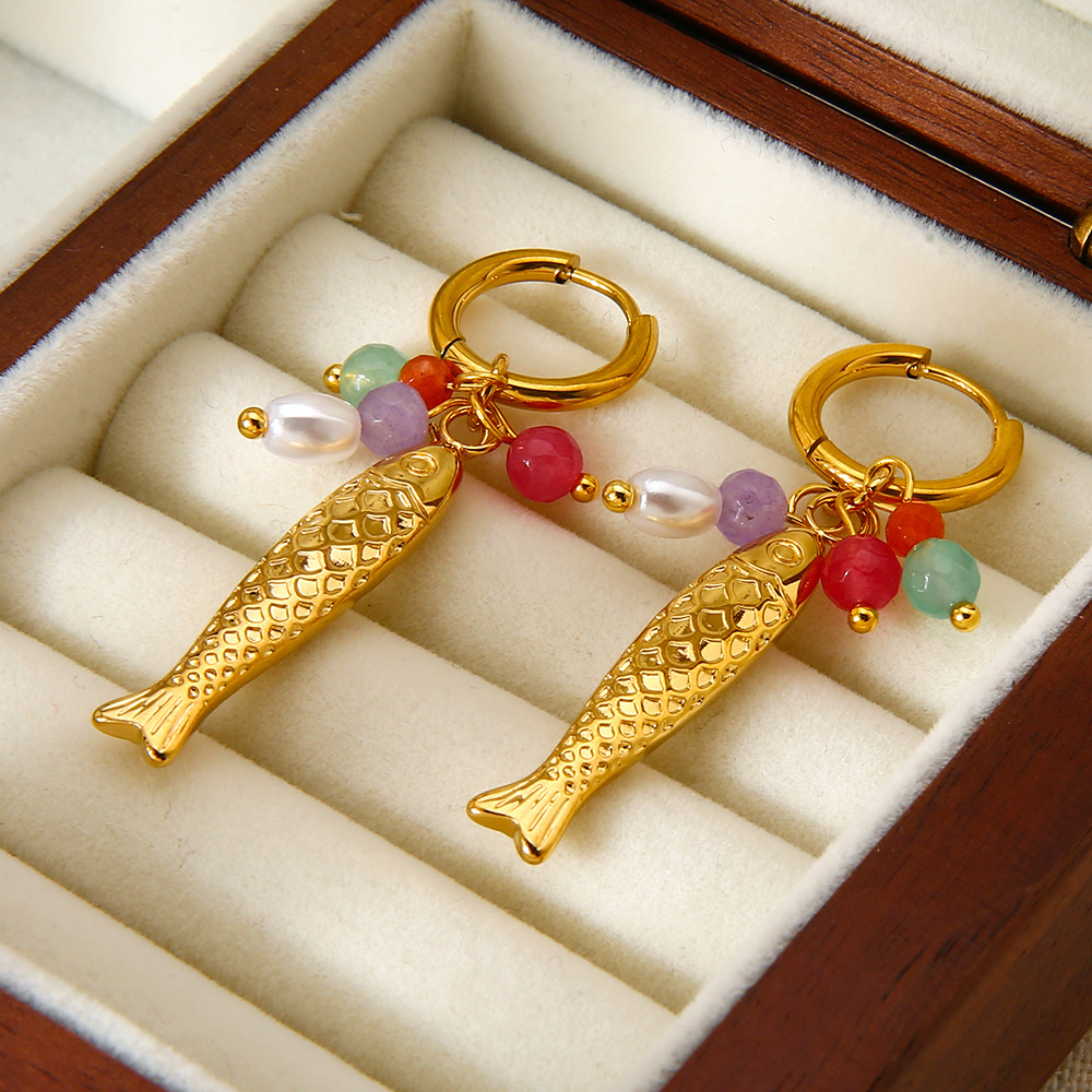 1 Paar Retro Fisch Edelstahl Gold Farbe Künstliche Perle Damen Tropfen Ohrringe h5Bild4