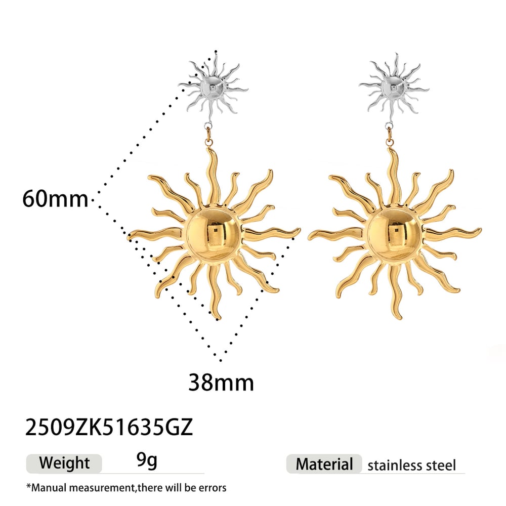 1 Pair Retro Sun Stainless Steel Gold Color Drop Earrings