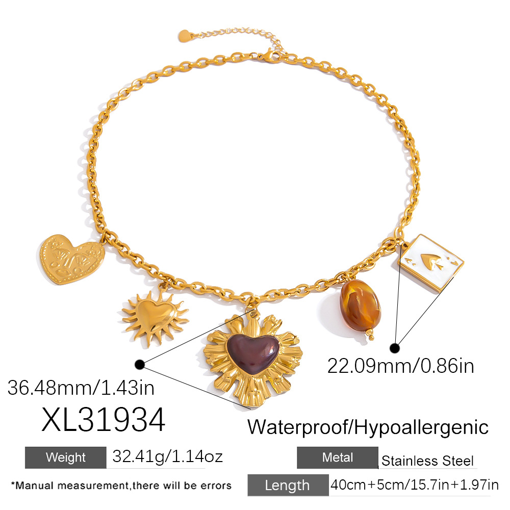 1 Piece Retro Heart Stainless Steel Gold Color Pendant Necklace 