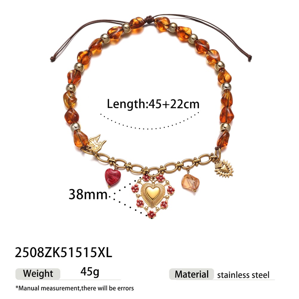 Retro Beads Acrylic Heart Pendant Necklace Set