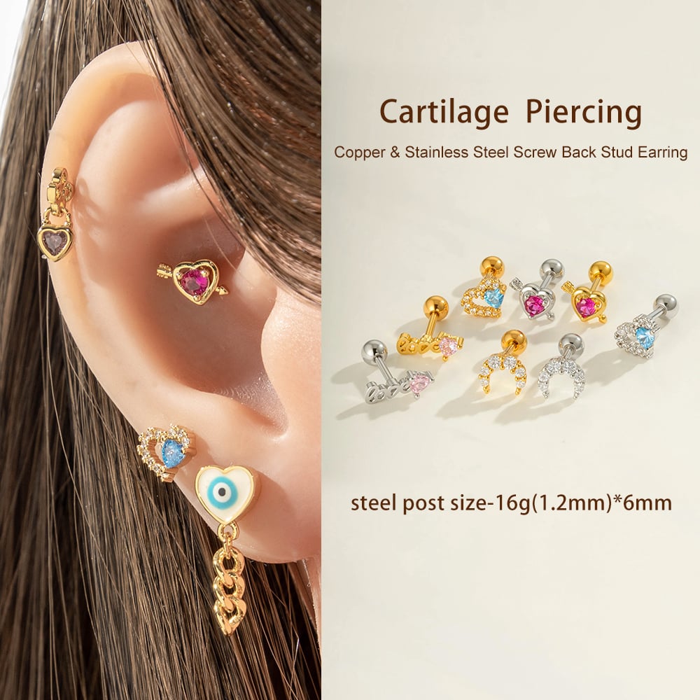 1 Piece Heart Copper Gold Color  Zircon Piercing Earring Picture4