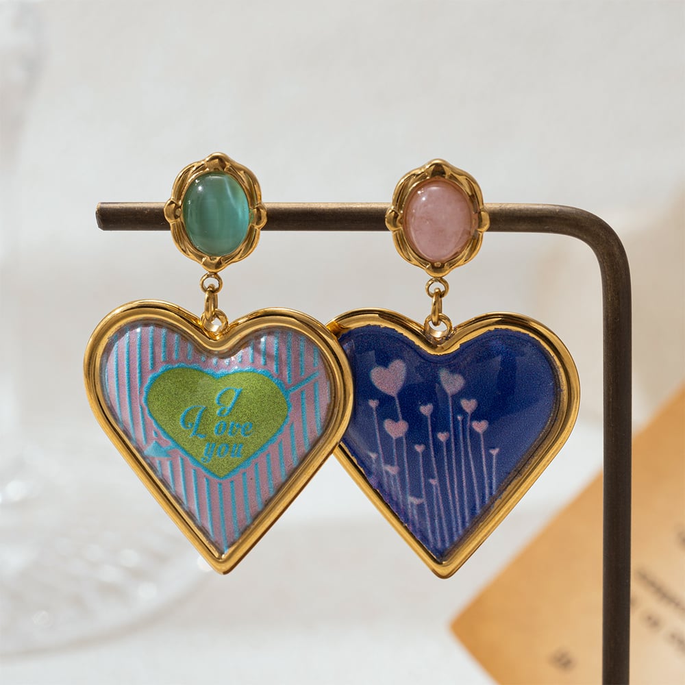 1 paio di orecchini pendenti in acciaio inossidabile con cuore smaltato e pietra naturale h5Immagine3