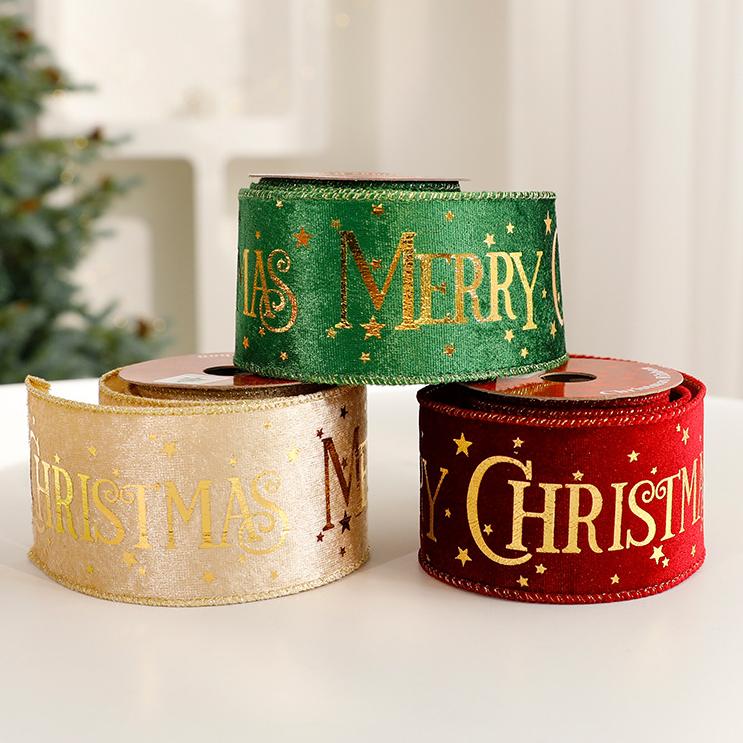 1 Piece Christmas Gold Stamp Velvet Ribbon Party Supplies Picture5