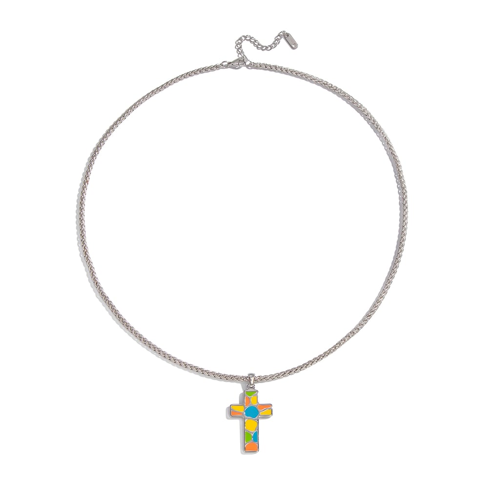 Collier pendentif croix en émail et acier inoxydable, 1 pièce Image5