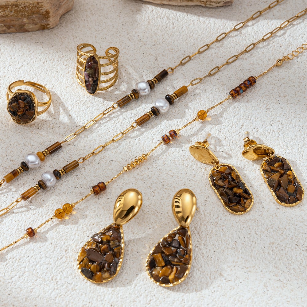 Halsketten-Set aus Naturstein-Edelstahl in Goldfarbe h5Bild2