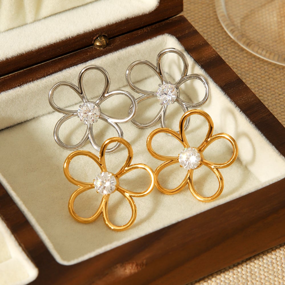 1 Pair Flower Stainless Steel Gold Color Zircon Stud Earrings Picture5
