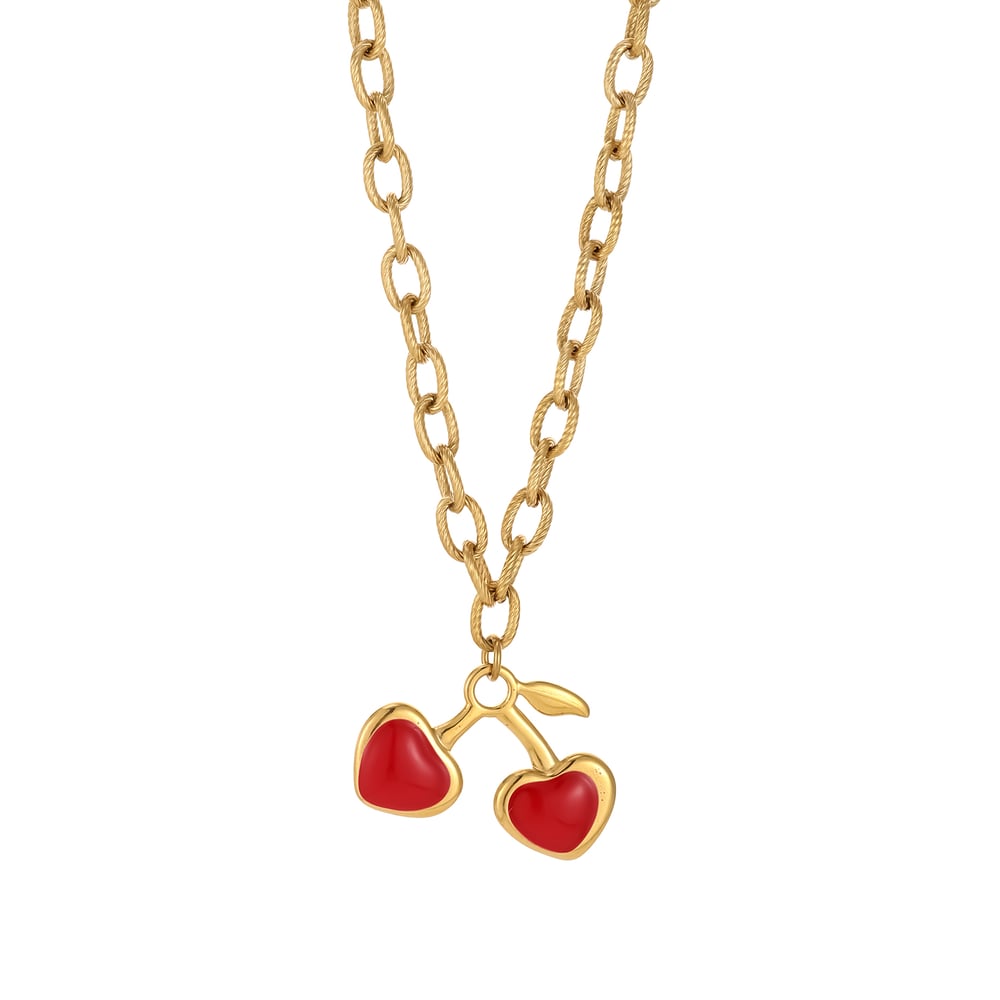 Collar con colgante de acero inoxidable con forma de corazón y cereza de piedra natural para mujer, serie roja, 1 unidad Imagen6
