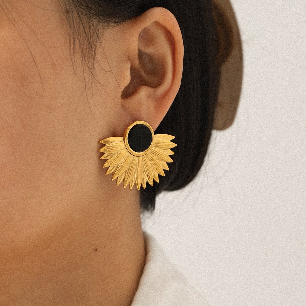 1 Pair Retro Leaf Stainless Steel Gold Color Natural Stone Stud Earrings h5Picture3