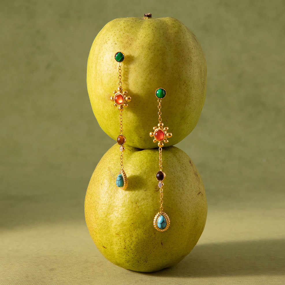 1 Pair Polychrome Droplet Stainless Steel Gold Color Natural Stone Women's Dangle Earrings Picture3