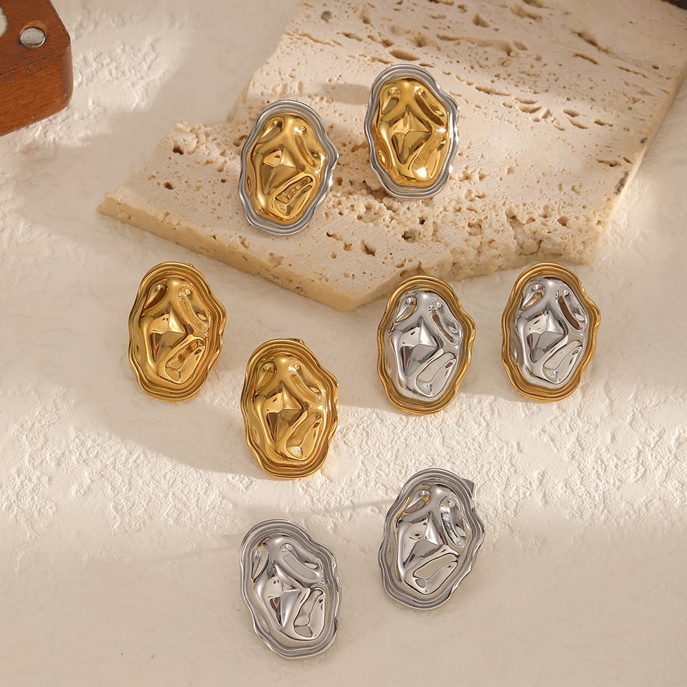 1 Piece Retro Stainless Steel Hammer Pattern Gold Color Stud Earrings Picture3